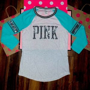 VS PINK Size SMALL Bling 3/4 Sleeve Baseball Style T-Shirt.